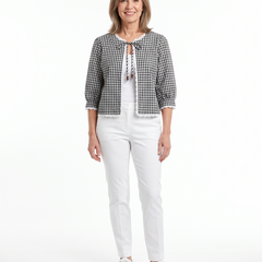 Model wearing the gingham check open-front blouse, front standing