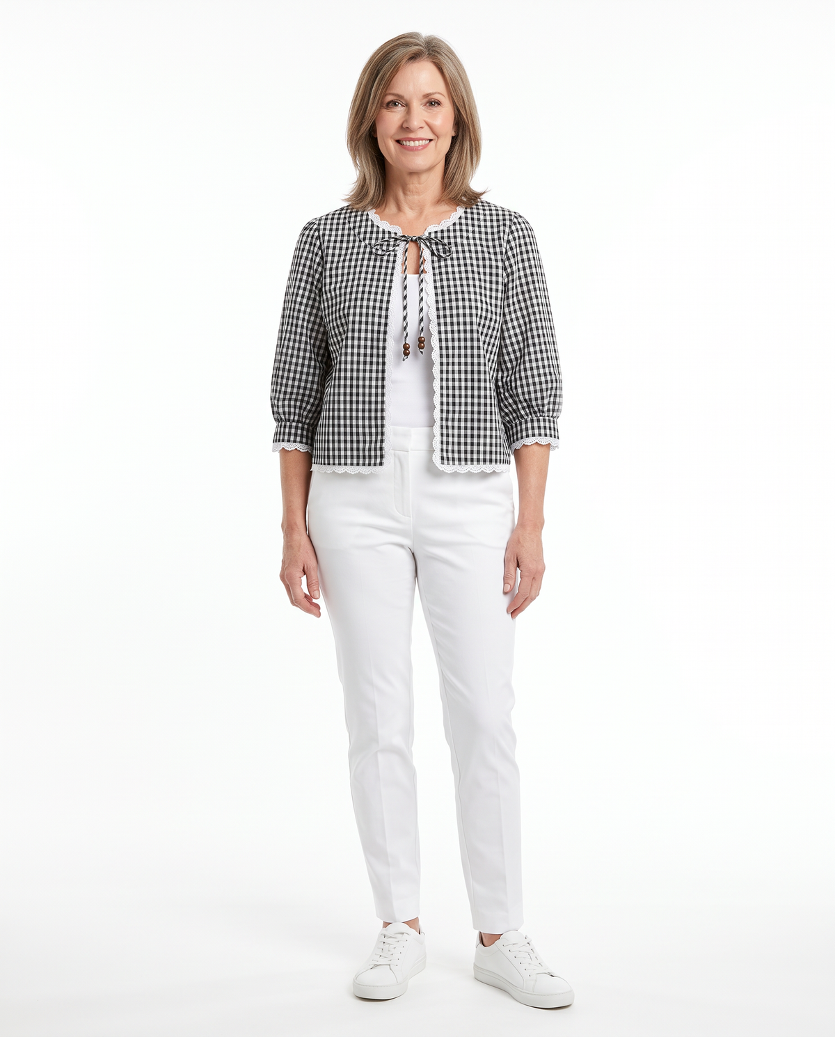 Model wearing the gingham check open-front blouse, front standing