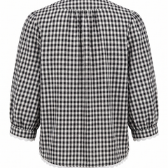 Black and white gingham check blouse, back view