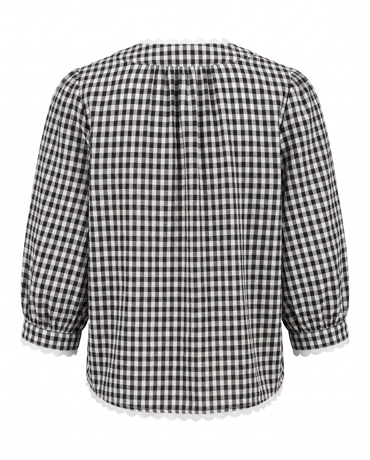 Black and white gingham check blouse, back view