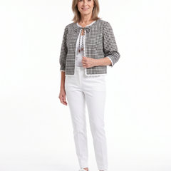 Model wearing the gingham check open-front blouse, three-quarter pose