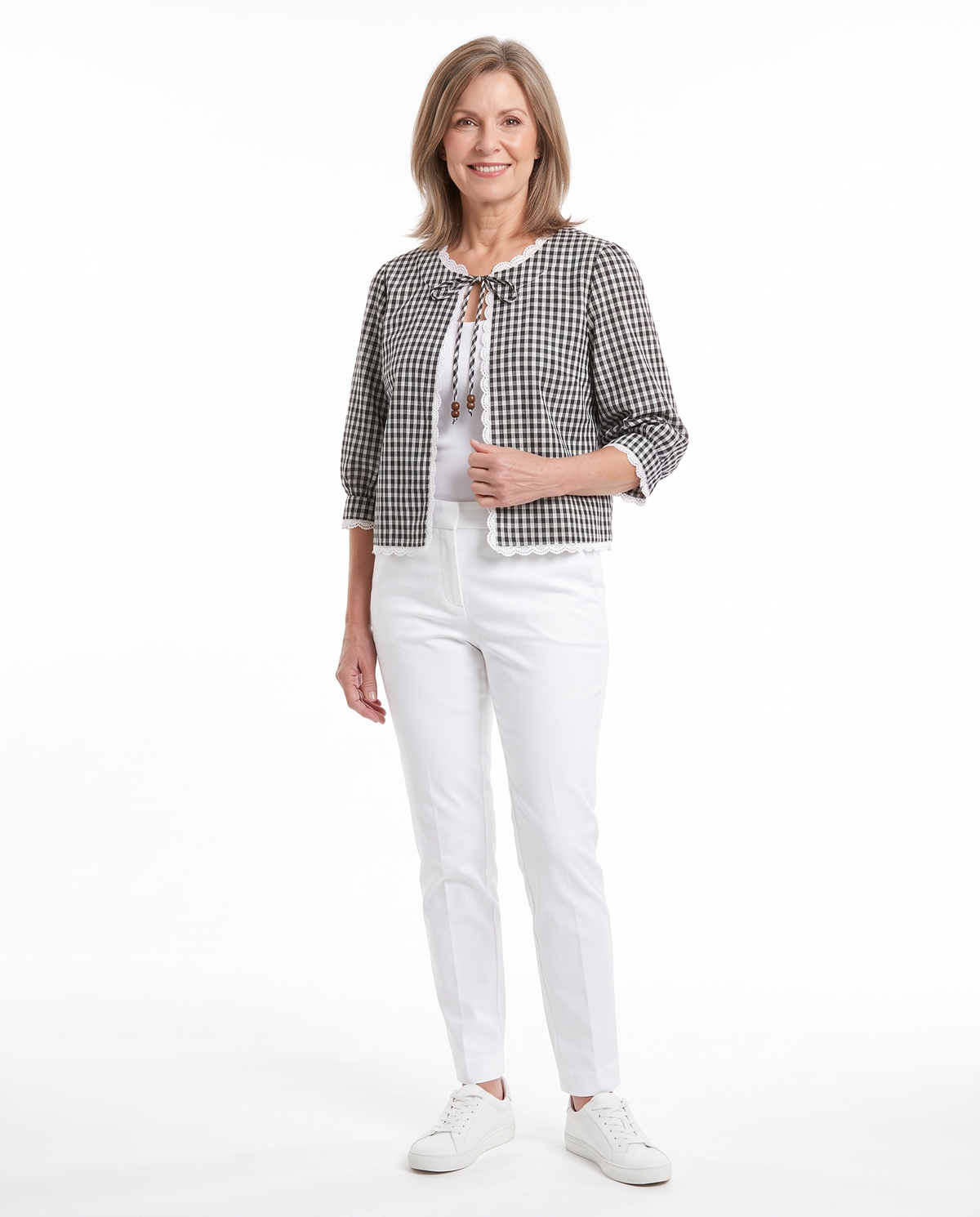 Model wearing the gingham check open-front blouse, three-quarter pose