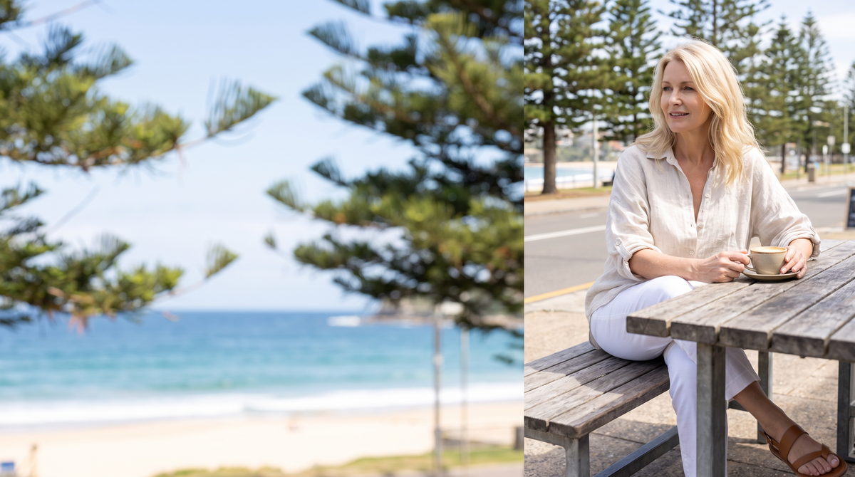 Woman in a natural linen shirt at a beachside cafe