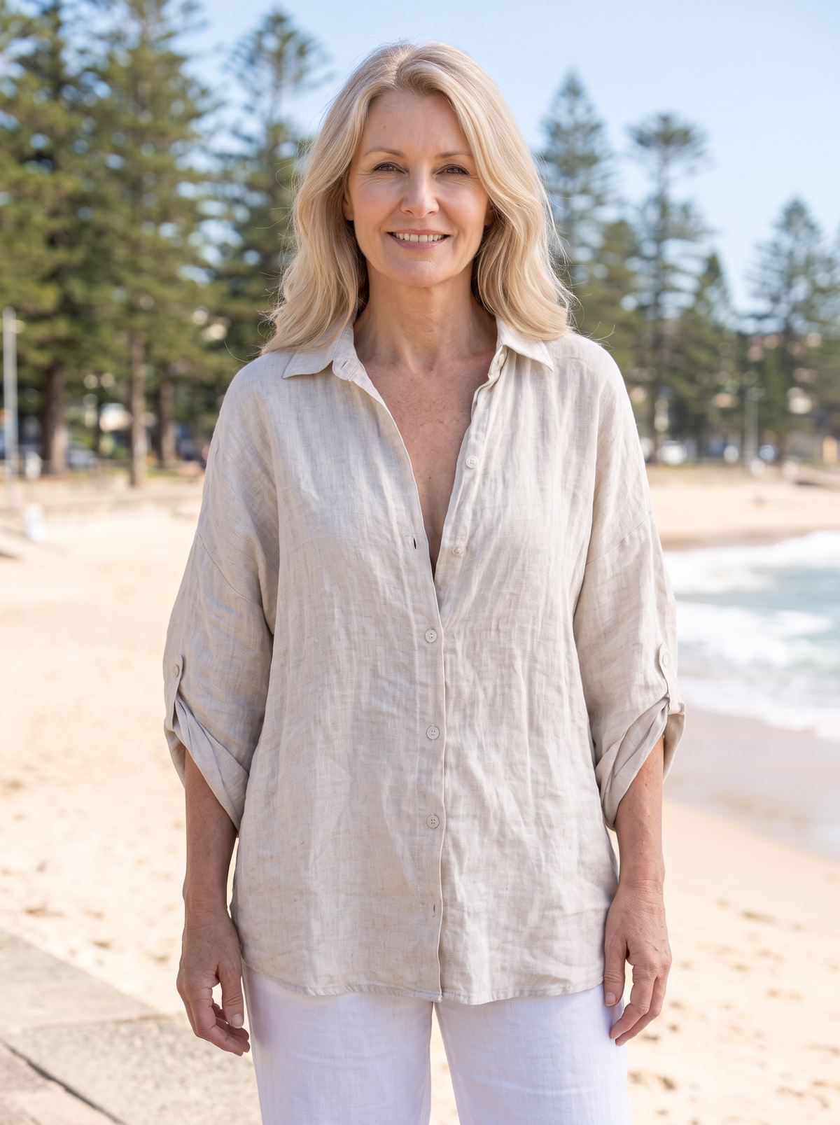 Woman in a natural linen shirt on a beach promenade